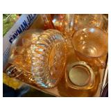 AMBER CARNIVAL GLASSWARE CANDLESTICKS/ BUTTER DISH MISC. BOX x 14 pcs - FRT