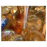 AMBER CARNIVAL GLASSWARE CANDLESTICKS/ BUTTER DISH MISC. BOX x 14 pcs - FRT