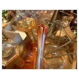 AMBER CARNIVAL GLASSWARE CANDLESTICKS/ BUTTER DISH MISC. BOX x 14 pcs - FRT