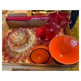 RED & ORANGE GLASSWARE FLAT CANDLE HOLDERS/PLATES/CANDY DISH/PEDESTAL DISH- FRT