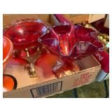 RED & ORANGE GLASSWARE FLAT CANDLE HOLDERS/PLATES/CANDY DISH/PEDESTAL DISH- FRT