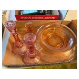 PINK DEPRESSION GLASS CANDLE STICKS X 3 & LARGE BOWLS X 2- FRT
