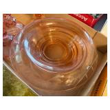 PINK DEPRESSION GLASS CANDLE STICKS X 3 & LARGE BOWLS X 2- FRT