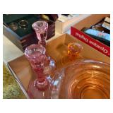 PINK DEPRESSION GLASS CANDLE STICKS X 3 & LARGE BOWLS X 2- FRT