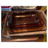 AMBER ANCHOR HOCKING GLASS CAKE PAN SET X 3- DR