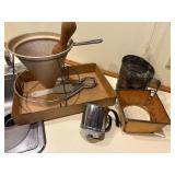 ANTIQUE COLANDER JUICER/ STRAWBERRY BOXES/ FLOUR SIFTERS- KC
