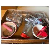 VINTAGE BOTTLES/CUPS/NUT GRINDER/MILK BOTTLE/RED & WHITE PORCELAIN BOWL- KC