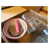 VINTAGE BOTTLES/CUPS/NUT GRINDER/MILK BOTTLE/RED & WHITE PORCELAIN BOWL- KC