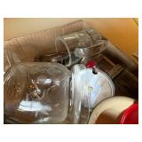 VINTAGE BOTTLES/CUPS/NUT GRINDER/MILK BOTTLE/RED & WHITE PORCELAIN BOWL- KC