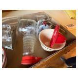 VINTAGE BOTTLES/CUPS/NUT GRINDER/MILK BOTTLE/RED & WHITE PORCELAIN BOWL- KC