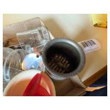 VINTAGE BOTTLES/CUPS/NUT GRINDER/MILK BOTTLE/RED & WHITE PORCELAIN BOWL- KC