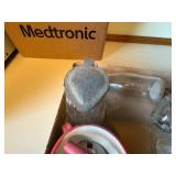 VINTAGE BOTTLES/CUPS/NUT GRINDER/MILK BOTTLE/RED & WHITE PORCELAIN BOWL- KC