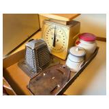 OLD HENSON SCALES, ANTIQUE TOASTER, IRON STAND, OLD JAR -- KC