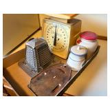 OLD HENSON SCALES, ANTIQUE TOASTER, IRON STAND, OLD JAR -- KC