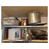 2 SHELVES OF FOIL PANS/ TIN/WIRE BASKETS/ COOK POT- P