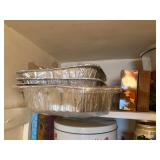 2 SHELVES OF FOIL PANS/ TIN/WIRE BASKETS/ COOK POT- P