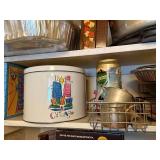 2 SHELVES OF FOIL PANS/ TIN/WIRE BASKETS/ COOK POT- P