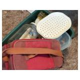 GREEN TOTE/ WHITE TOTE OF MISCELLANEOUS W/ DISH STRAINER- SR