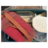 GREEN TOTE/ WHITE TOTE OF MISCELLANEOUS W/ DISH STRAINER- SR