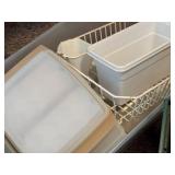 GREEN TOTE/ WHITE TOTE OF MISCELLANEOUS W/ DISH STRAINER- SR