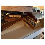 METAL BOX & WOOD BOX OF DECORATIONS- BB