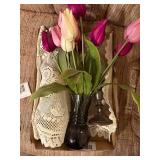 2 CANDLE HOLDERS/ BUD VASE W/ FLOWER/ LACE RUNNER- BB