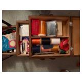 WOODEN SEWING BASKET W/ SEWING SUPPLIES- PBR