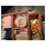 WOODEN SEWING BASKET W/ SEWING SUPPLIES- PBR