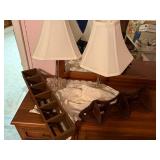 PAIR OF LAMPS/ 2 WOODEN SHELVES/ DRESSER SCARF- PBR