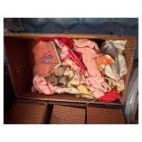 BLUE VINTAGE METAL TRUNK W/ DOLL CLOTHES- UPB