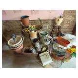 FLOWER POTS/ CROCKS & WOOD STOOL- BMT