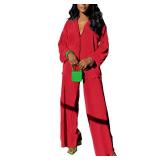 kaimimei Casual 2 Piece Outfit for Women - Linen Long Sleeve Button Down Shirt + Flare Pleated Wide Leg Pants Sets Streetwear Size- Medium