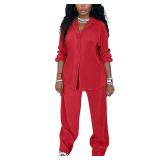 kaimimei Casual 2 Piece Outfit for Women - Linen Long Sleeve Button Down Shirt + Flare Pleated Wide Leg Pants Sets Streetwear Size- Medium