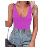 SAUNGKUAI Womenâs Bodysuit Sexy Plunge Deep V Neck Backless Sleeveless Tank Thong Body Suits Outfits for Going Out Hotpink S