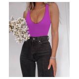 SAUNGKUAI Womenâs Bodysuit Sexy Plunge Deep V Neck Backless Sleeveless Tank Thong Body Suits Outfits for Going Out Hotpink S