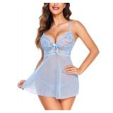 Avidlove Women Lingerie Lace Babydoll Strap Chemise Halter Teddy V Neck Sleepwear Clear Blue M