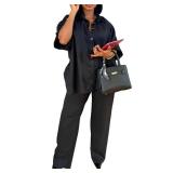 Voghtic Casual 2 Piece Outfit for Women - Linen Button Down Shirt and Wide Leg Pants Matching Set Tracksuits Streetwear Size- Small