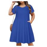 elescat Plus Size Summer Dresses for Women Casual Short Sleeve Pockets Loose Oversized T Shirt Sundress (Royal Blue, 4XL)