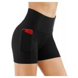THE GYM PEOPLE High Waist Yoga Shorts for Women Tummy Control Fitness Athletic Workout Running Shorts with Deep Pockets (Medium, Black)