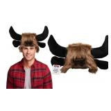 Nicky Bigs Novelties Adult Furry Buffalo Hat With Horns - Faux Fur Beast Bison Black Bull Ears Hats - Funny Animal Cap Cosplay Halloween Costume Headwear, Brown