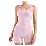 SUUKSESS Women 2 Piece Workout Sets High Waisted Tummy Control Biker Shorts Halter Padded Tank Tops Racerback Sports Bras (Light Pink, S)