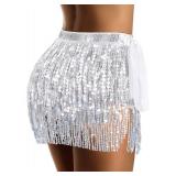 Silver Sparkly Skirt for Women Silver Sequin Skirt for Women Sequin Tassel Skirts Space Cowgirl Skirts Rave Outfit Woman Size- 2