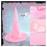 JenPen 2 Pcs Large Halloween Witch Hat for Women Oversize Velvet Ruched Wizard Wide Brim Hat Masquerade Party Cosplay(Pink)