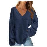 MEROKEETY Sweaters for Women Fall 2025 V Neck Oversized Cozy Chunky Knit Long Sleeve Fuzzy Fleece Pullover Winter Outfits, Navy, Medium