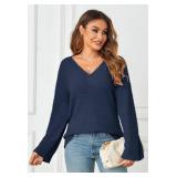 MEROKEETY Sweaters for Women Fall 2025 V Neck Oversized Cozy Chunky Knit Long Sleeve Fuzzy Fleece Pullover Winter Outfits, Navy, Medium