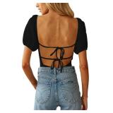 oten Backless Bodysuit for Women Sexy Casual Puff Sleeve Scoop Neck Thong Leotard Tie Back Top Blouses Black Small