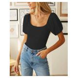 oten Backless Bodysuit for Women Sexy Casual Puff Sleeve Scoop Neck Thong Leotard Tie Back Top Blouses Black Small
