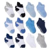ZAPLES Baby Boys Non Slip Grip Ankle Socks with Anti Skid Soles for Infants Toddlers, Color-Blocked/Solid, 12-36 Months