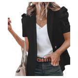 Newffr Womens Summer Blazers Casual Short Puff Sleeve Open Front Office Blazers Bussiness Jackets Work Suit Black Size- XS