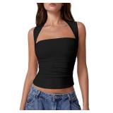 QINSEN Tank Tops for Women Square Neck Side Ruched Double Lined Slim-Fitting Going Out Crop Y2k Shirts Black S